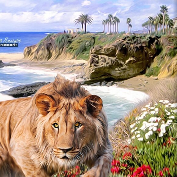 16x20 Lion Beach Ocean Landscape Fantasy Art Watercolor Oil Painting Poster - Picture 4 of 6
